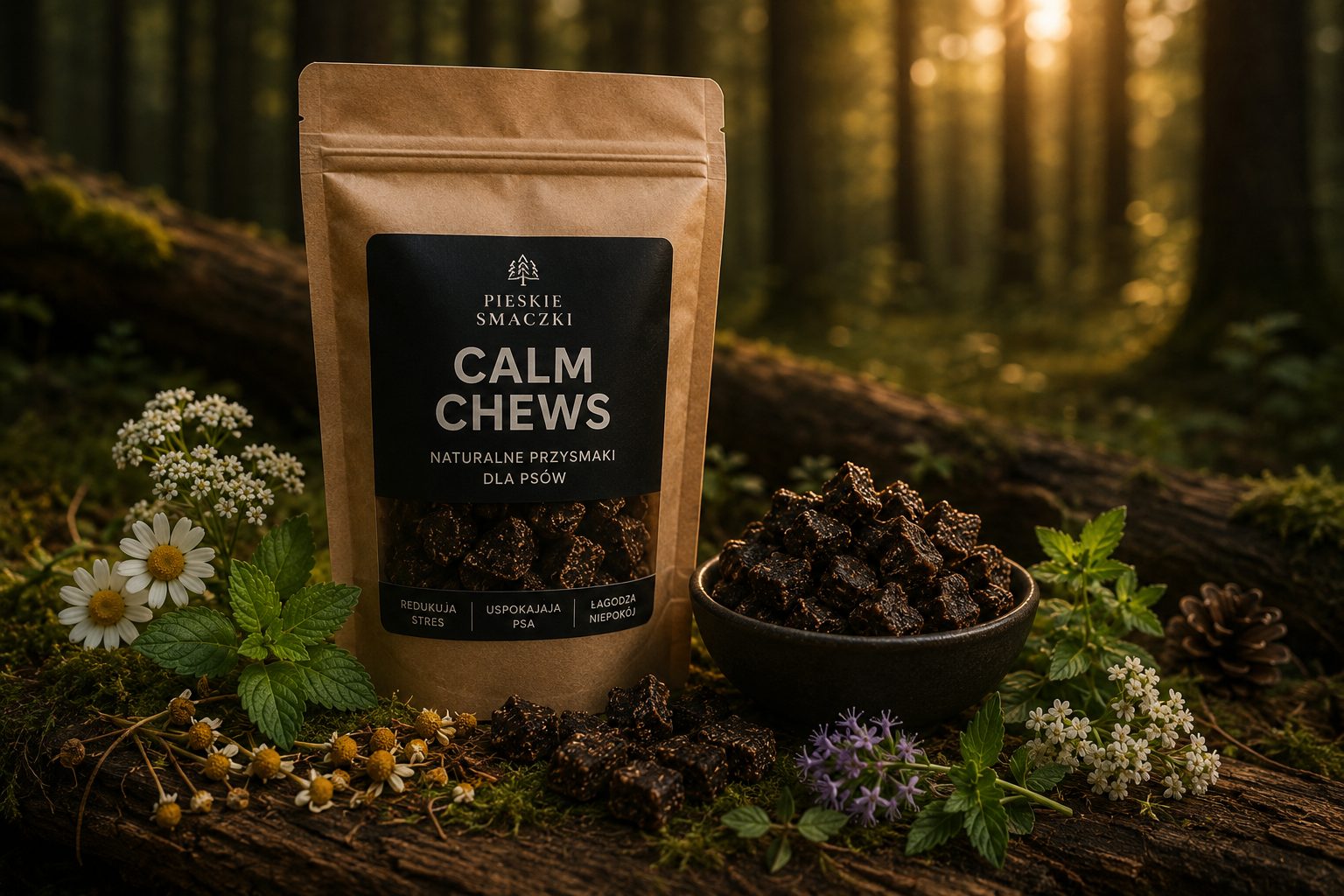 Calm Chews 100 g — naturalne przysmaki uspokajające dla psa z rumiankiem i melisą
