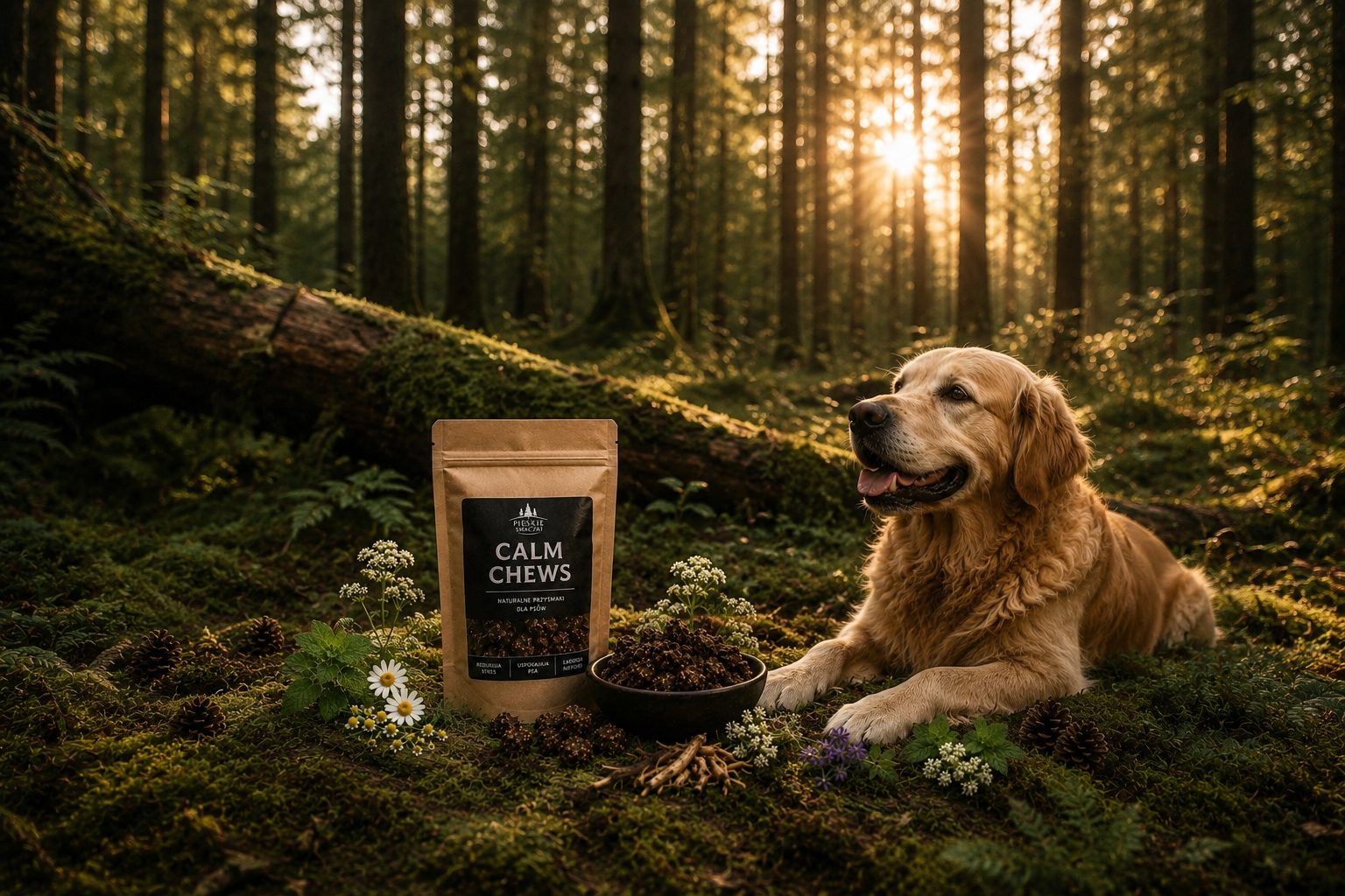 Pies odpoczywający w lesie przy przysmakach Calm Chews — naturalne wyciszenie